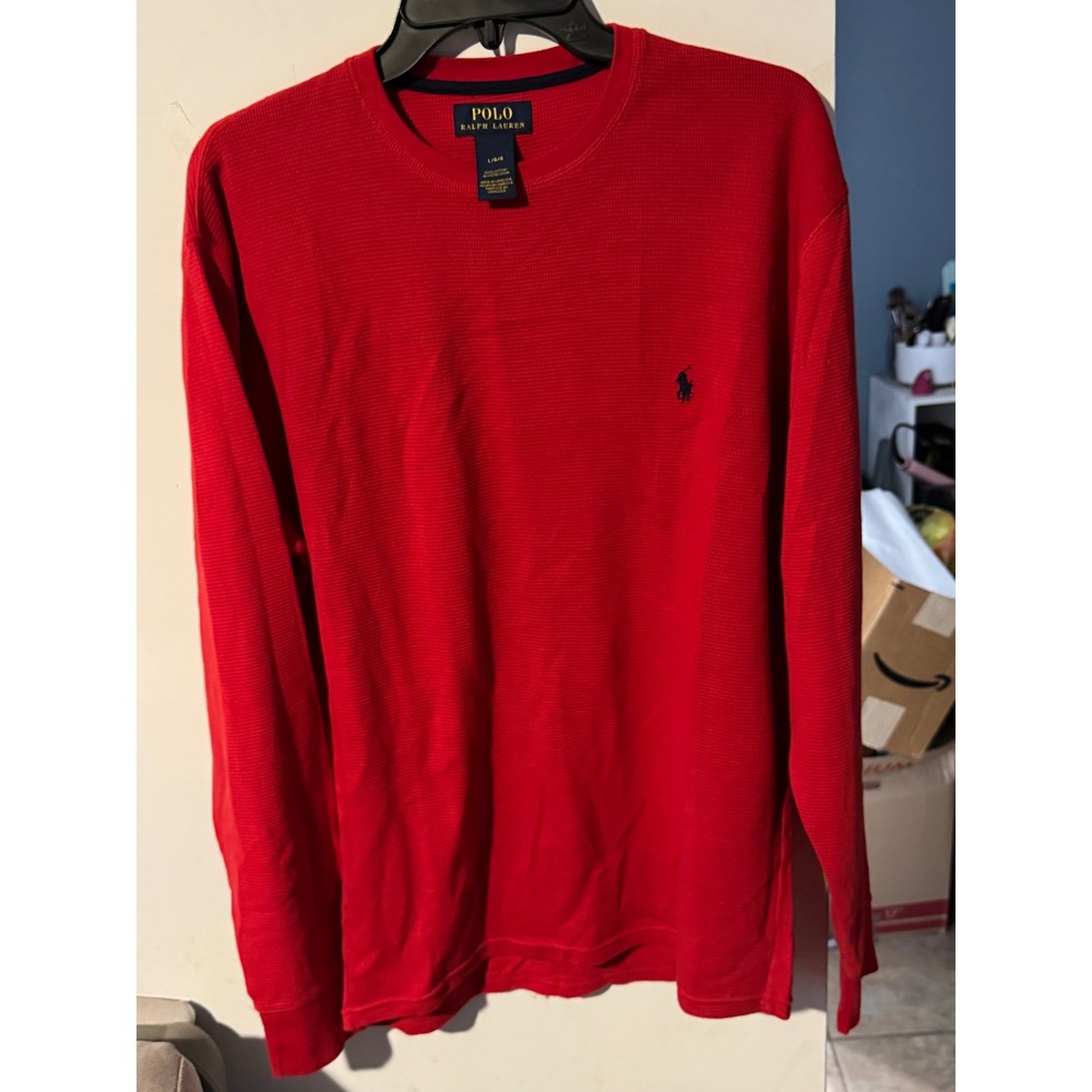 Polo Ralph Lauren Mens Red Waffle Knit Thermal Long Sleeve Crewneck Shirt Large